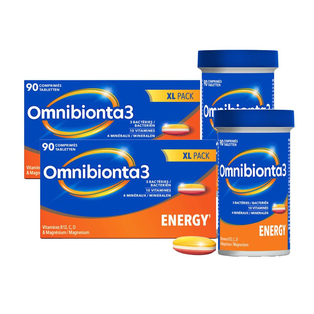 Plusieurs boîtes et flacons Omnibionta3 Energy. Emballage bleu avec comprimés jaunes et rouges. Contient vitamines et minéraux.