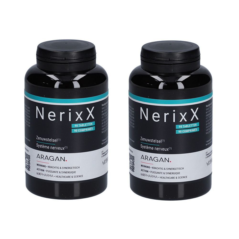 Twee zwarte flessen met de productnaam NerixX. Opschrift: Zenuwstelsel, Système nerveux, ARAGAN. 90 tabletten.