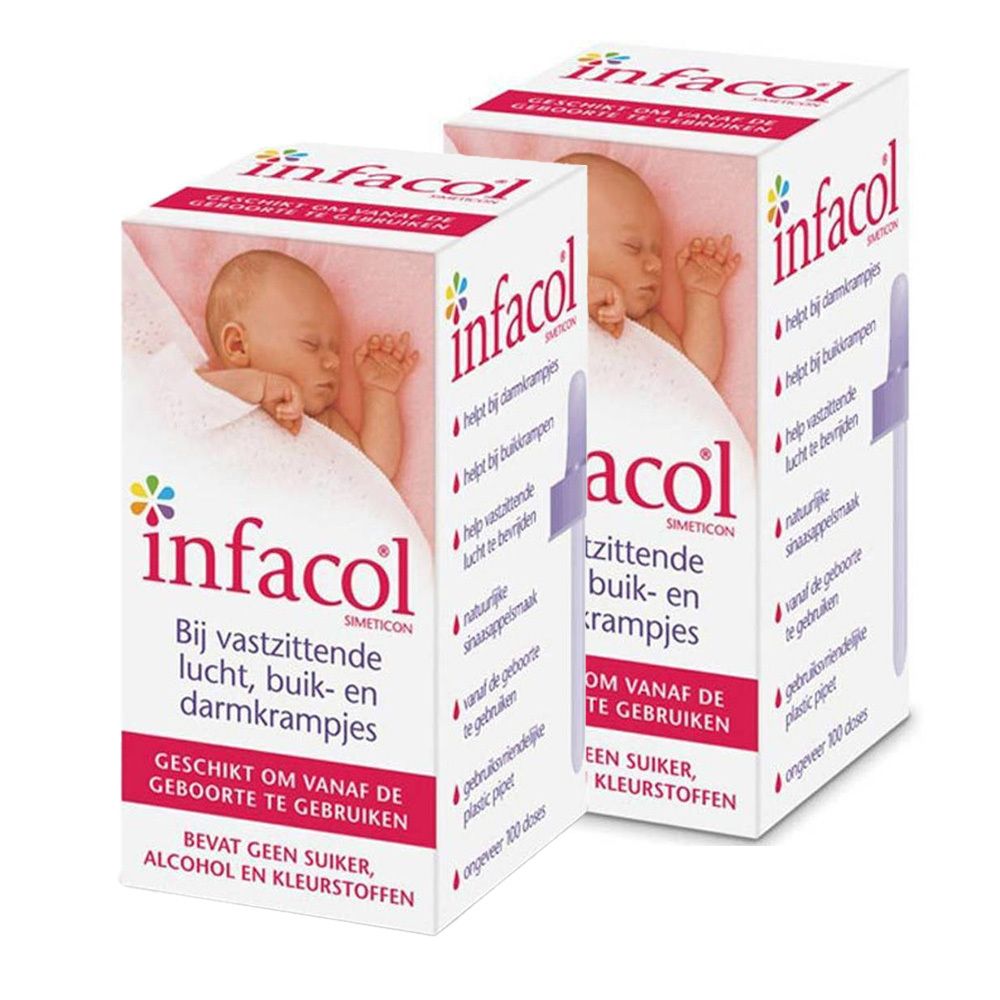 Deux boîtes d'Infacol. Sur l'emballage, un bébé endormi est représenté. Texte : Pour les coliques, les ballonnements et les crampes.
