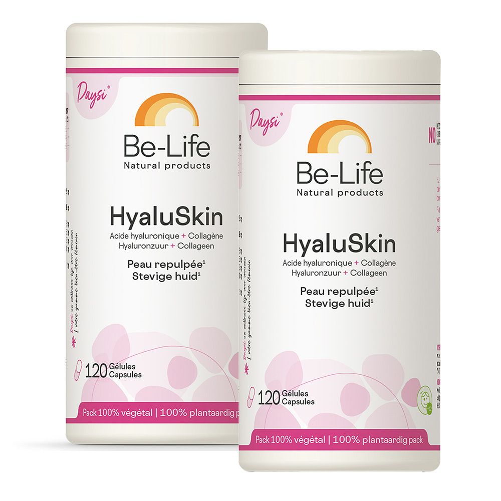 Twee cilindrische potten met "Be-Life HyaluSkin". Opschrift "120 Gélules Capsules". Vegetarische verpakking.
