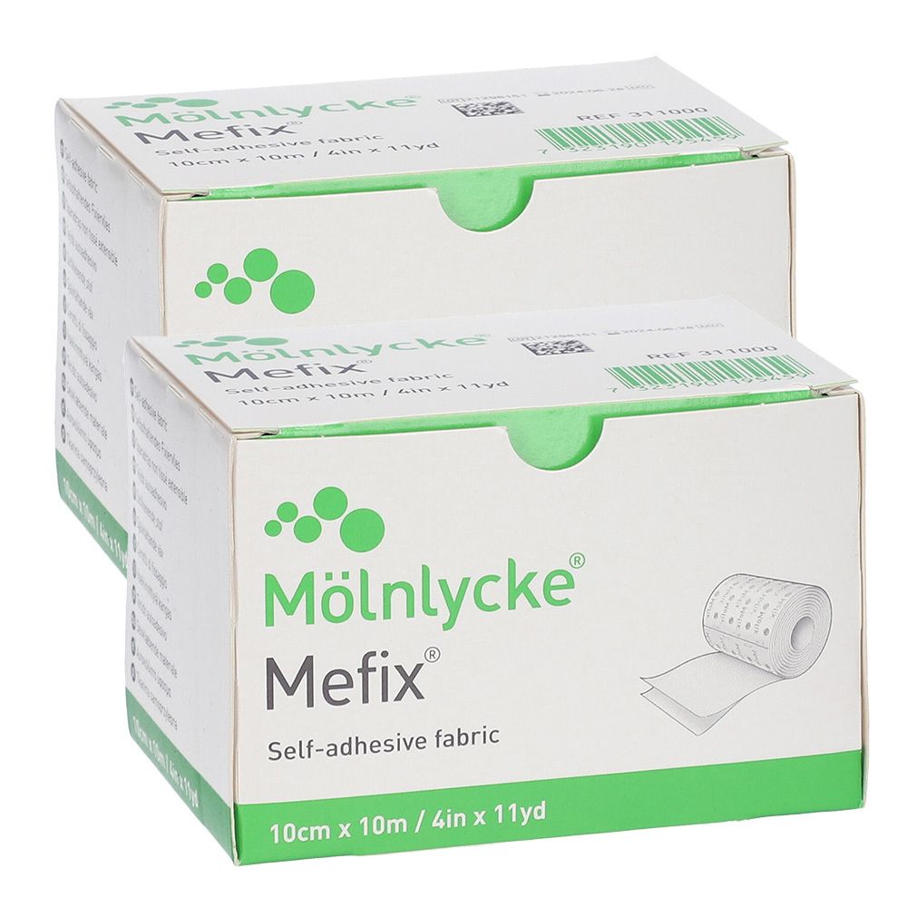 Deux boîtes de Mefix, tissu auto-adhésif. Inscription: Mölnlycke, 10cm x 10m. Accents verts.