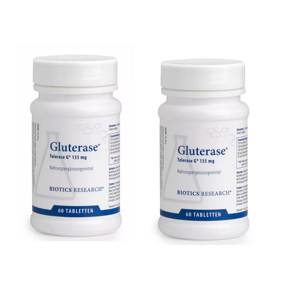 Twee witte flessen met schroefdop. Opschrift: Gluterase, Tolerase 6° 135 mg, voedingssupplement. Merk: BIOTICS RESEARCH. 60 tabletten.