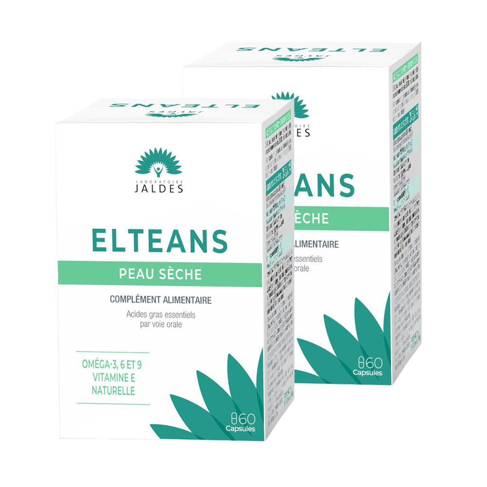 Twee witte dozen met "ELTEANS". Tekst: "PEAU SÈCHE", "COMPLÉMENT ALIMENTAIRE", "860 Capsules". Logo: JALDES.