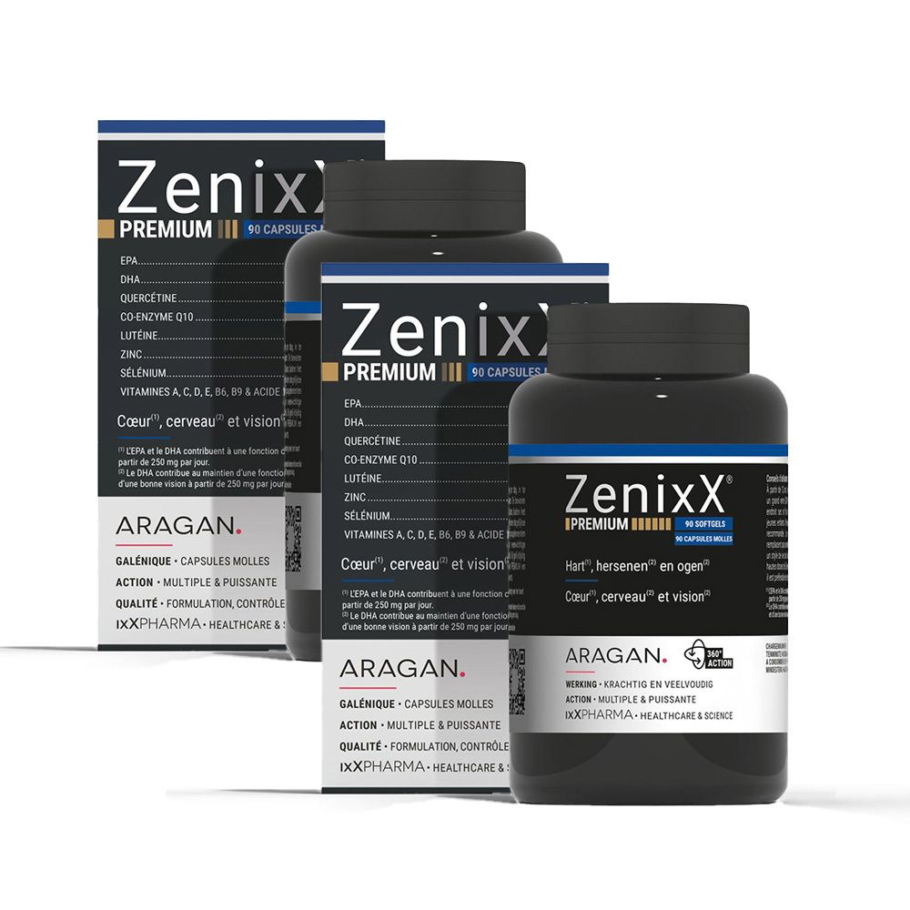 Trois flacons et deux boîtes "ZenixX PREMIUM". Flacons noirs avec texte blanc. Marque ARAGAN.