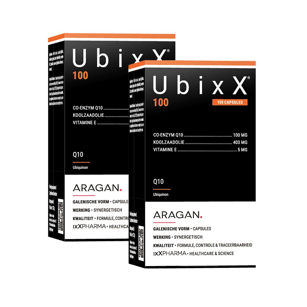 Deux boîtes UbixX 100. Emballage noir avec texte blanc. Bande orange en haut. Contient des gélules.