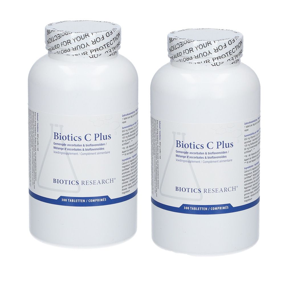 Deux flacons blancs avec étiquettes. Les étiquettes indiquent "Biotics C Plus" et "Biotics Research". Les flacons sont scellés avec un sceau de protection.