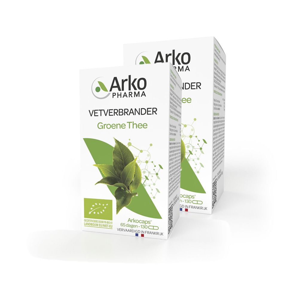 Deux boîtes blanches "Arko Pharma". Sur l'une, "VETVERBRANDER Groene Thee" et une feuille verte. Label bio.