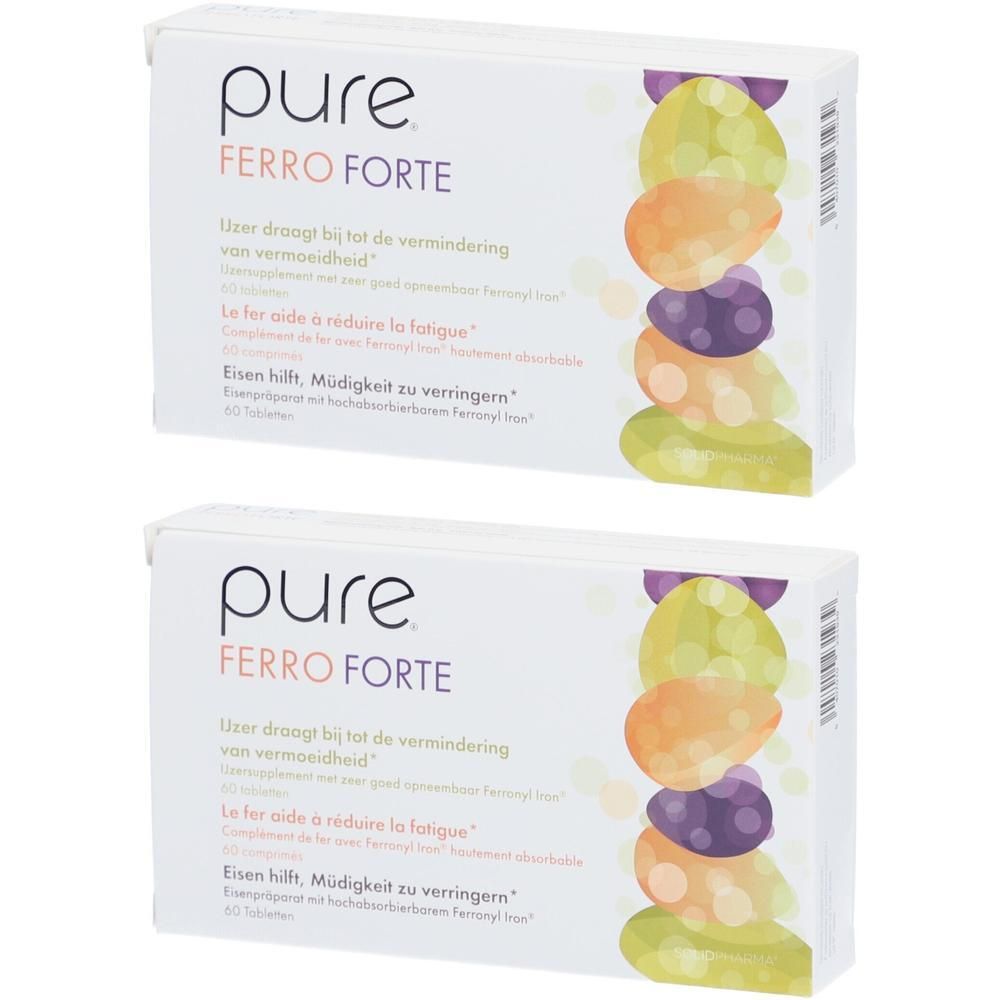 Zwei weiße Kartons mit der Aufschrift "pure Ferro Forte". Aufdrucke in mehreren Sprachen, darunter Deutsch und Niederländisch. 60 Tabletten.