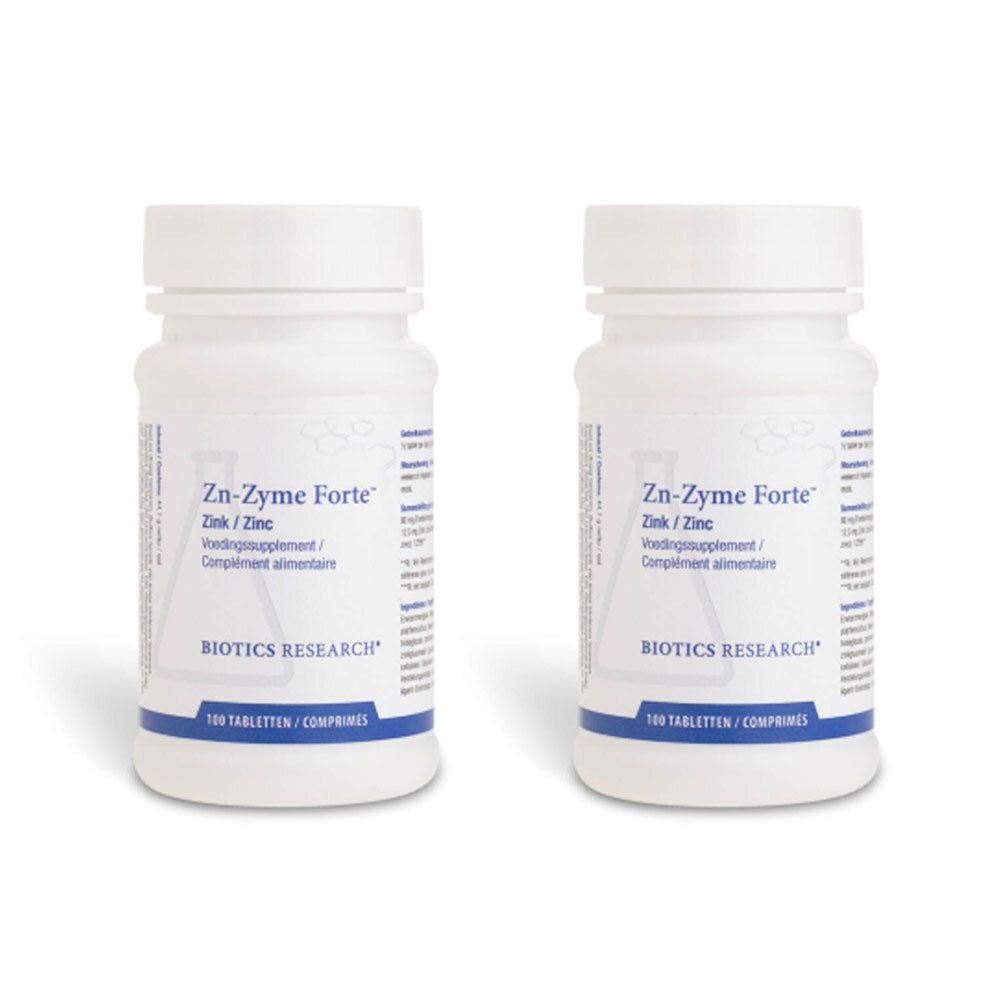 Twee witte flessen met etiketten. Op de etiketten staat "Zn-Zyme Forte" en "BIOTICS RESEARCH".