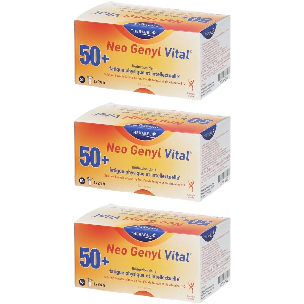 Drie dozen Therabel Neo Genyl Vital 50+. Opschrift: Vermindering van fysieke en intellectuele vermoeidheid. Oranje-wit design.