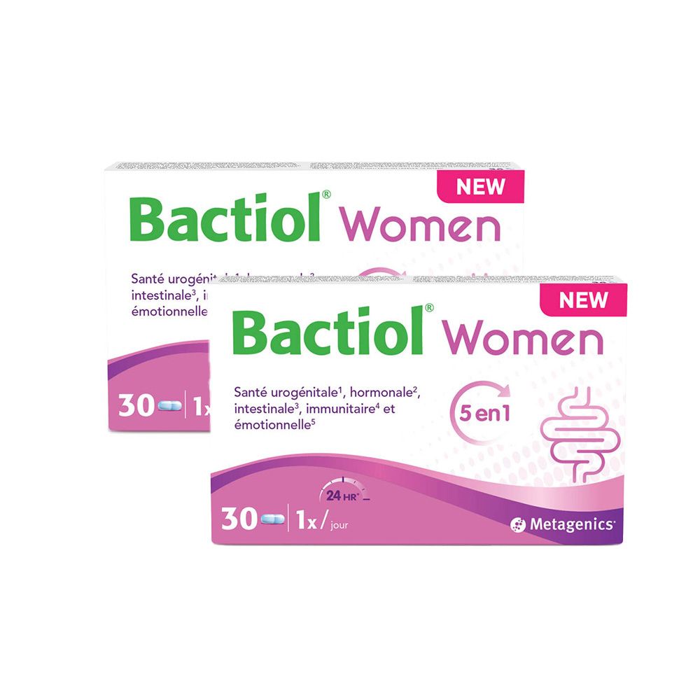 Deux boîtes de Bactiol Women. Inscription : santé urogénitale, équilibre hormonal, santé intestinale, immunité et bien-être émotionnel.