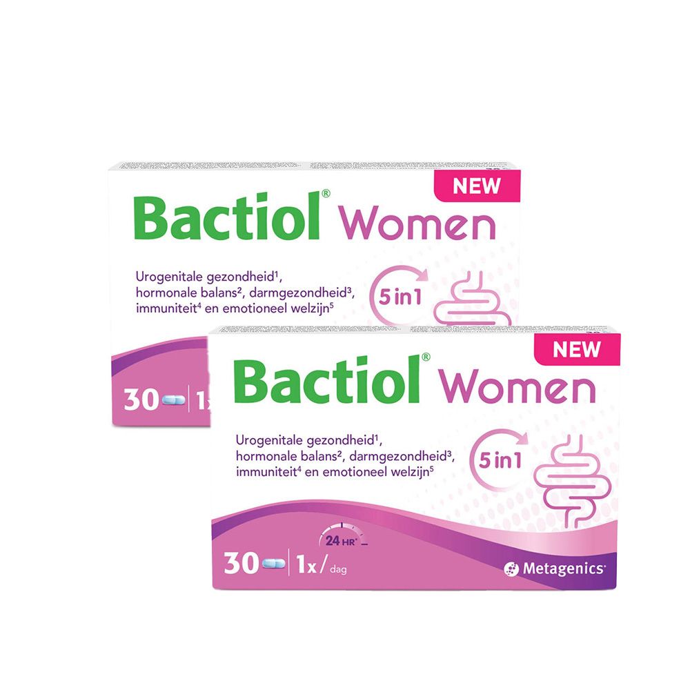 Twee verpakkingen Bactiol Women. Opschrift: Urogenitale gezondheid, hormonale balans, darmgezondheid, immuniteit en emotioneel welzijn.