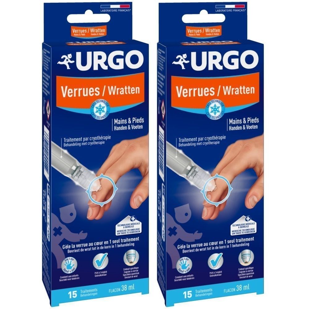 Twee dozen Urgo Verrues/Wratten. Blauwe verpakking met productnaam, handillustratie en tekst. 15 behandelingen, 38 ml.