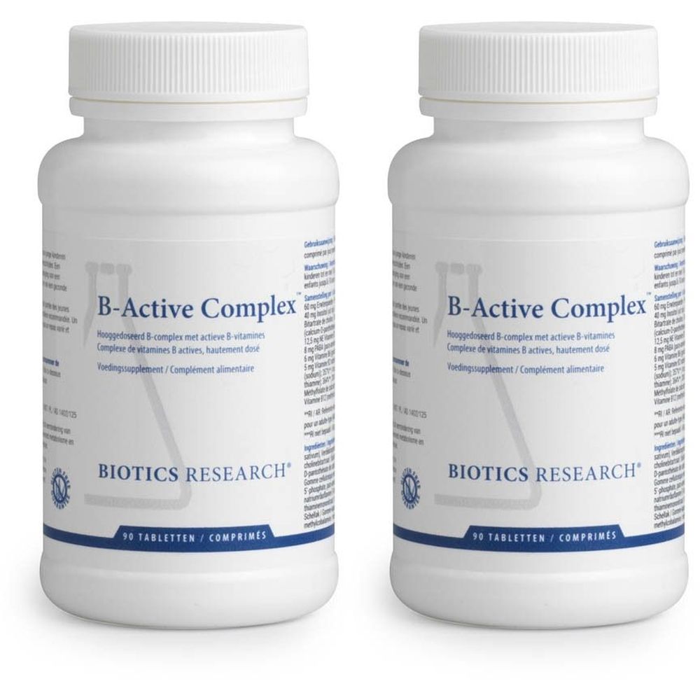 Deux flacons blancs avec bouchon à vis. Inscription : B-Active Complex, Biotics Research. 90 comprimés.