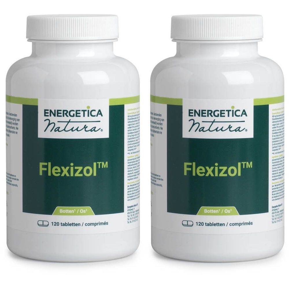 Twee witte flessen Energetica Natura Flexizol. Opschrift: 120 tabletten. Groene strook met tekst.