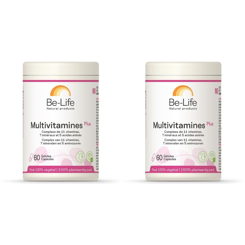 Twee witte potten met "Be-Life Multivitamines Plus". Elke pot bevat 60 capsules.