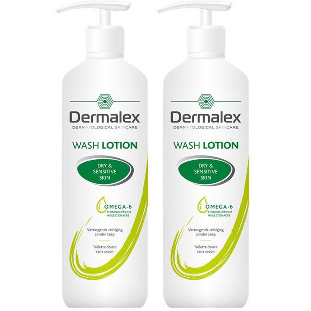 Deux flacons blancs de lotion lavante Dermalex pour peaux sèches et sensibles. Avec pompe doseuse et accents verts.
