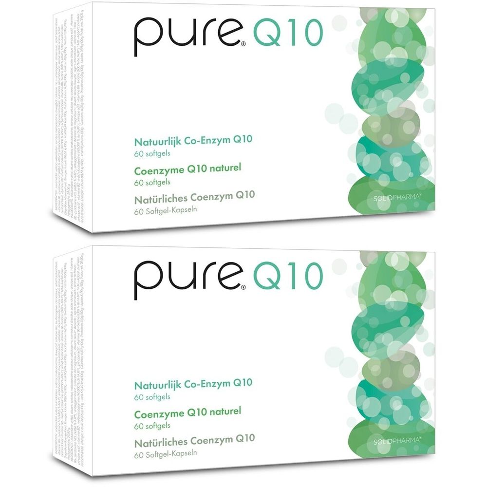 Twee witte dozen met "pure.Q10". Tekst in het Nederlands, Frans en Duits. Illustratie van groene cirkels.