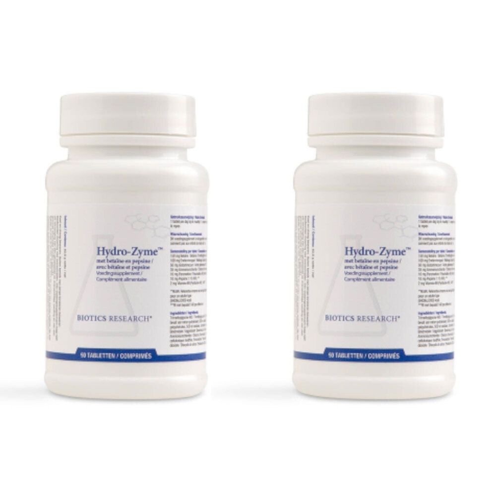 Twee witte flessen met schroefdop. Opschrift: Hydro-Zyme, Biotics Research. 90 tabletten/comprimés.