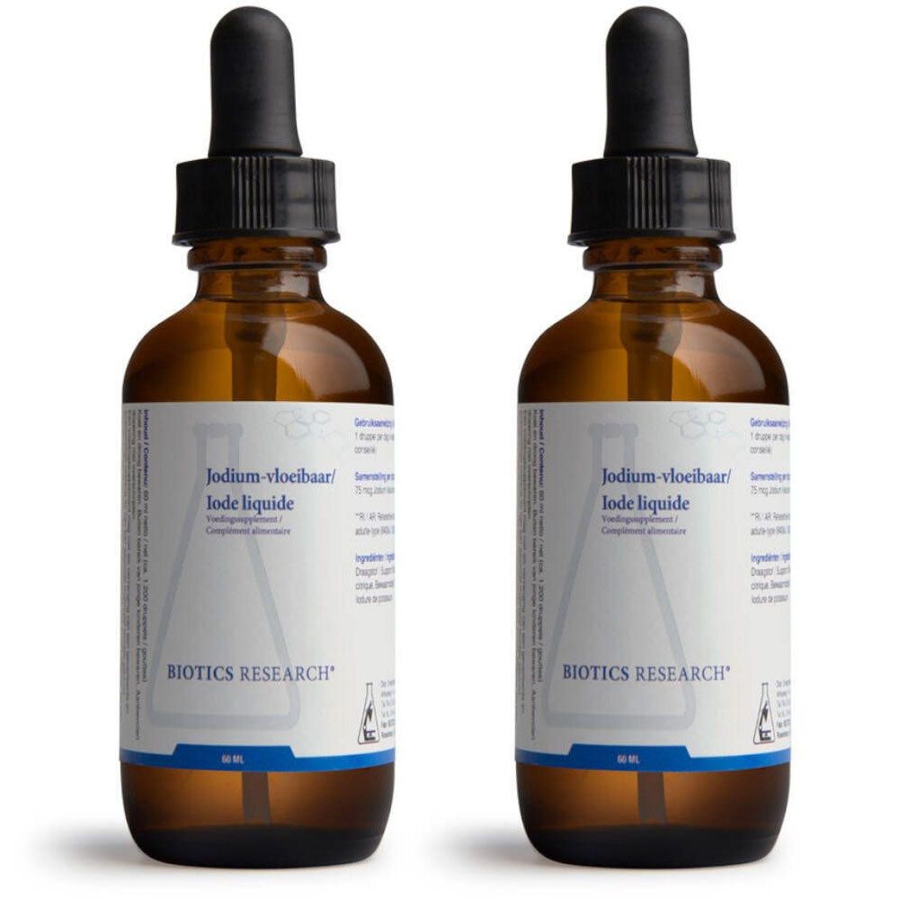 Deux flacons en verre brun avec compte-gouttes noir. Étiquette avec "Jodium-vloeibaar/Iode liquide" et "BIOTICS RESEARCH".