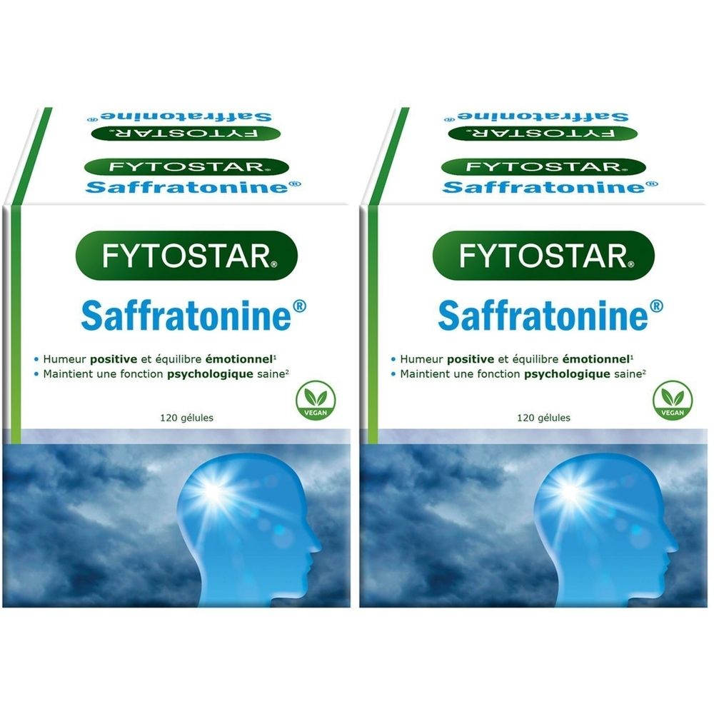Deux boîtes de Fytostar Saffratonin. Inscription : « Humeur positive et équilibre émotionnel ». 120 gélules. Label végan.