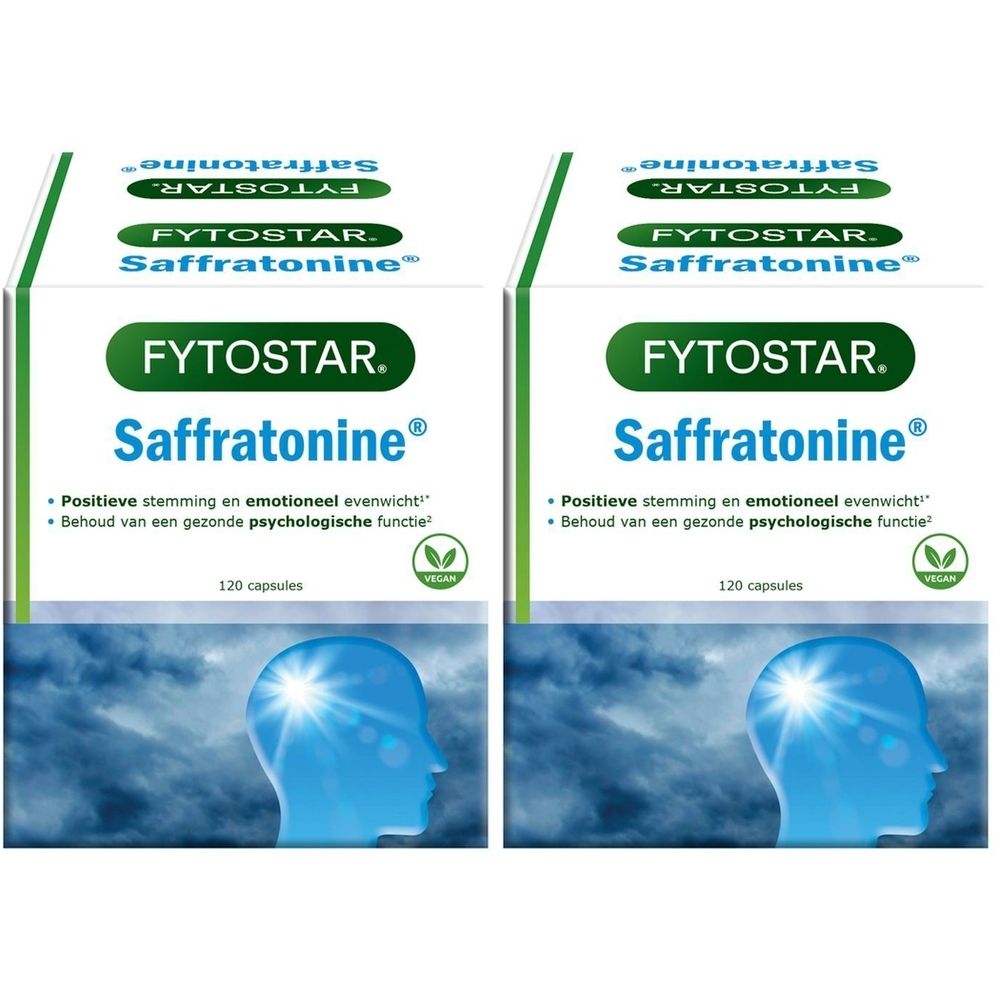 Twee dozen Fytostar Saffratonin. Opschrift: « Positieve stemming en emotioneel evenwicht ». 120 capsules. Vegan-zegel.