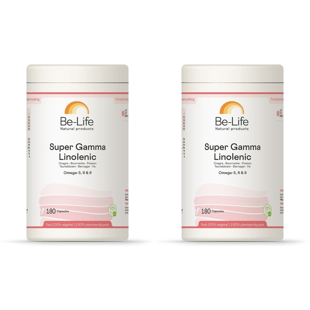 Deux boîtes blanches avec l'inscription "Be-Life Super Gamma Linolenic". Inscription "Omega-3, 6 & 9". Contient 180 gélules.