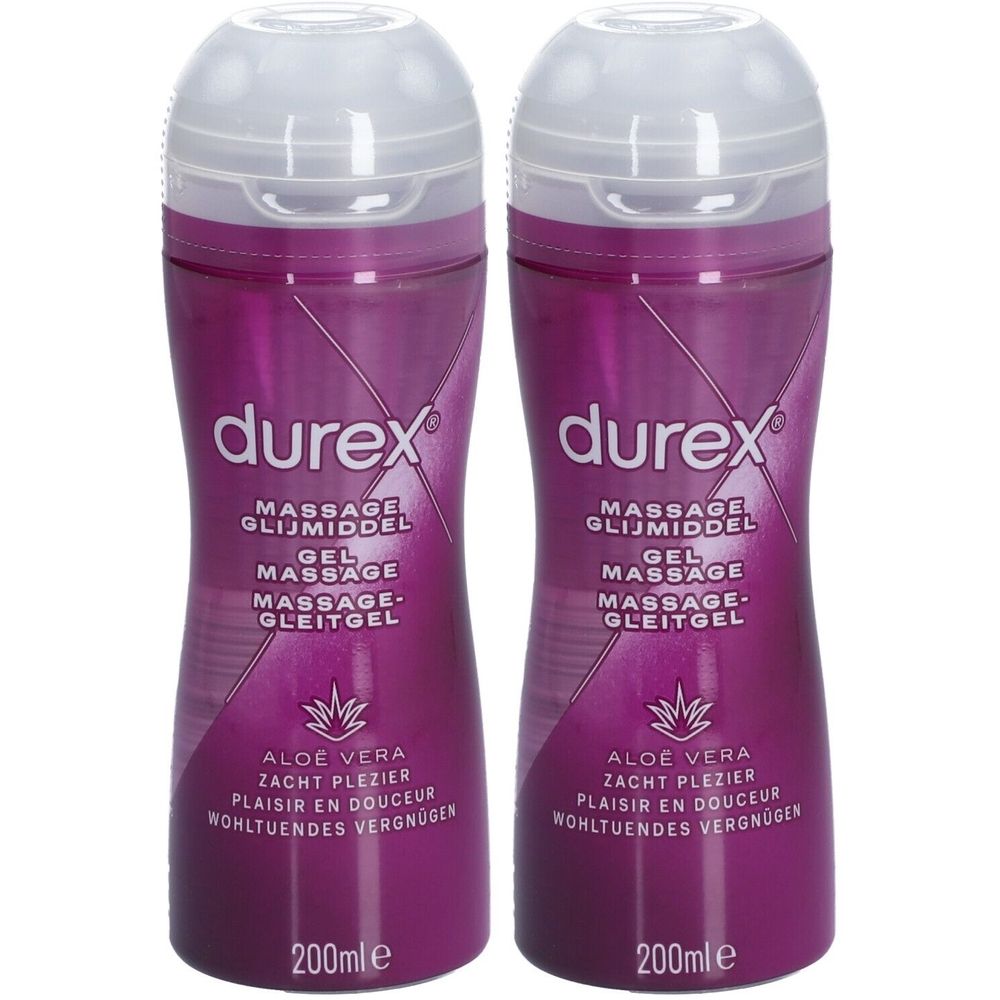 Twee flessen Durex massagegel met aloë vera. Paarse flessen met witte dop. Tekst: Massage, 200ml.