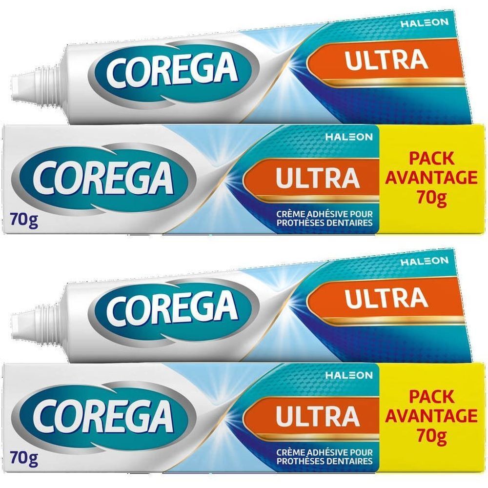 Deux tubes de Corega Ultra Fresh. Tubes blancs avec texte bleu et orange. Pack avantage 70g.
