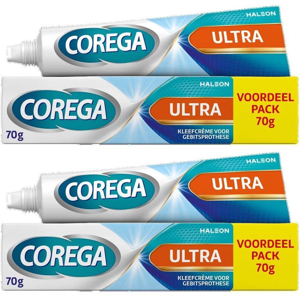 Twee tubes Corega Ultra Fresh. Witte tubes met blauwe en oranje tekst. Voordeelverpakking 70g.
