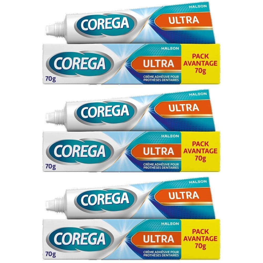 Plusieurs tubes de Corega Ultra Fresh Kleefcreme avec emballage. Inscription 'Ultra' et '70g'.