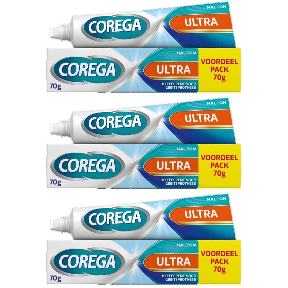Meerdere tubes Corega Ultra Fresh Kleefcreme met verpakking. Opschrift 'Ultra' en '70g'.
