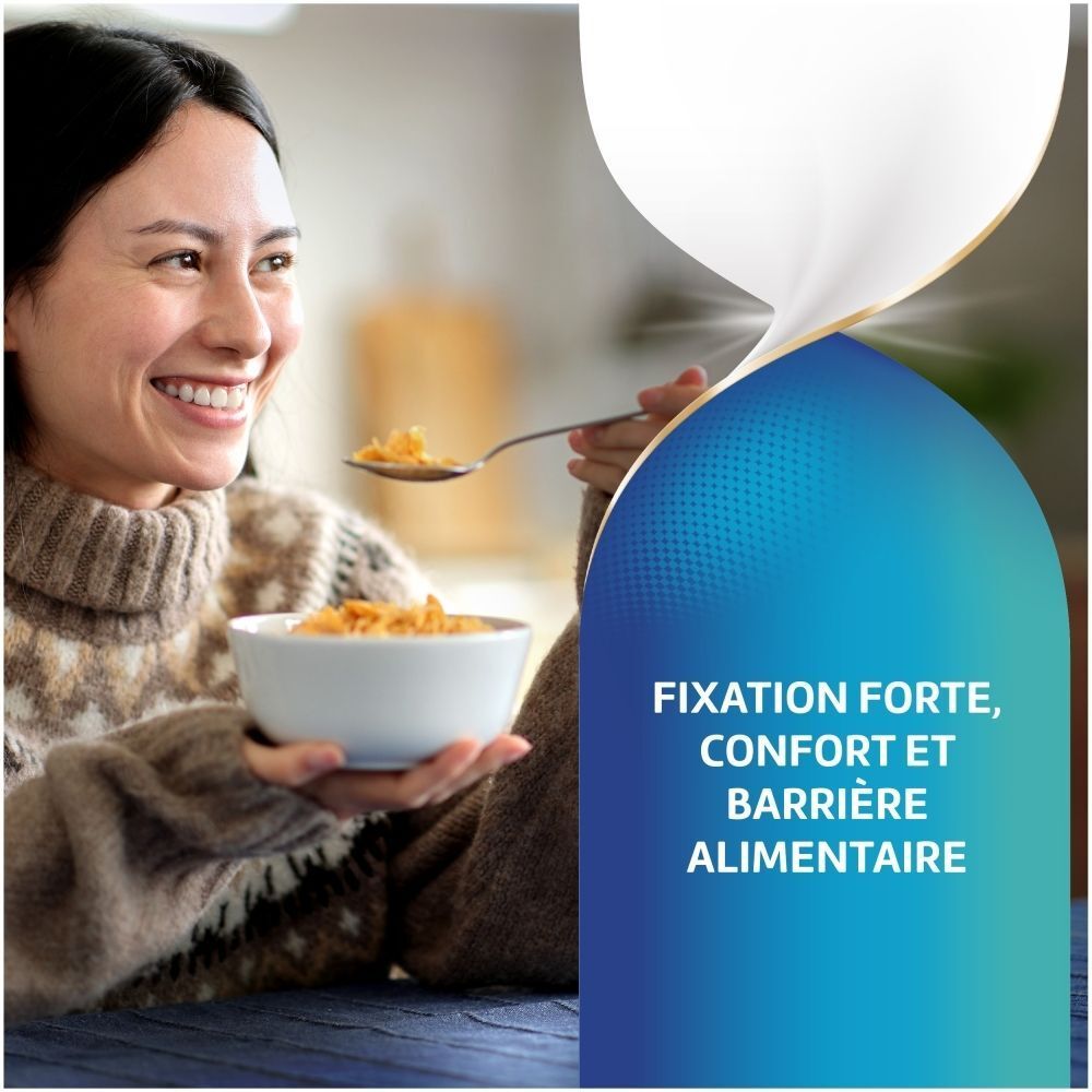Femme mangeant des céréales, texte à droite "Fixation forte, confort et barrière alimentaire".