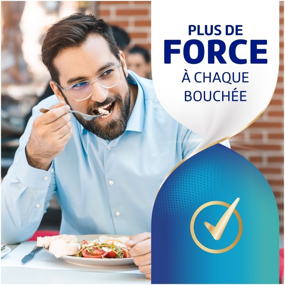 Homme mangeant un repas à l'extérieur. Texte : Plus de force à chaque bouchée. Symbole de qualité.