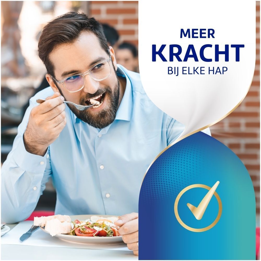 Man eet een maaltijd, met tekst "Meer kracht bij elke hap" en een vinkje-icoon ernaast.