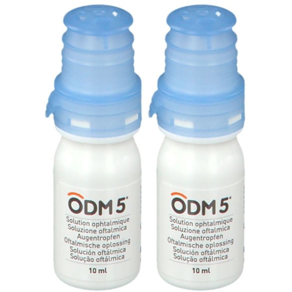 Deux flacons blancs avec bouchons bleus. Inscription : ODM5, solution ophtalmique.
