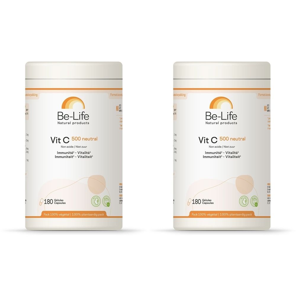 Deux boîtes blanches avec l'inscription "Be-Life Vit C 500 neutral". Inscription : "Immunité - Vitalité".