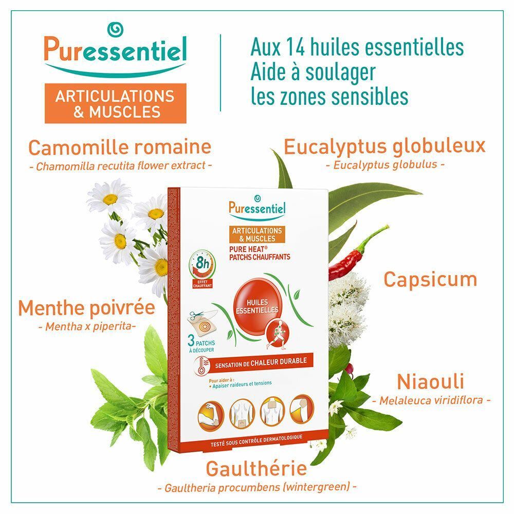 Packung mit 3 Puressentiel Wärmepflastern für Gelenke und Muskeln mit ätherischen Ölen.