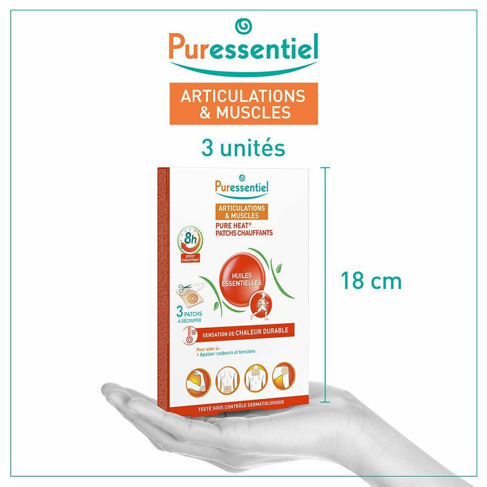 Packung mit 3 Puressentiel Wärmepflastern für Gelenke und Muskeln, 18 cm hoch.