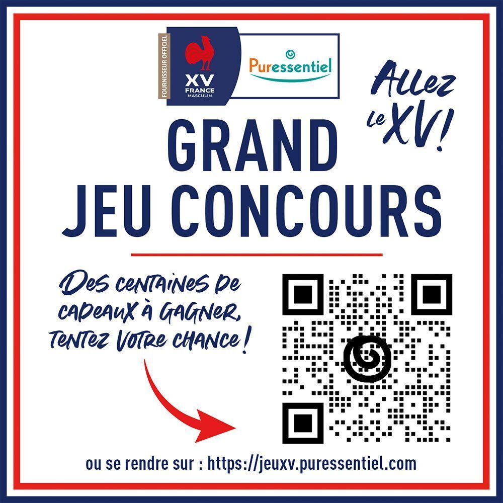 Großer Gewinnspiel-Aufruf mit QR-Code und Logo von Puressentiel.