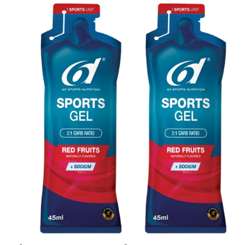 Twee zakjes 6D Sports Nutrition Sports Gel. Blauw-rood ontwerp met opschrift "Sports Gel", "Red Fruits" en "Sodium". 45ml.