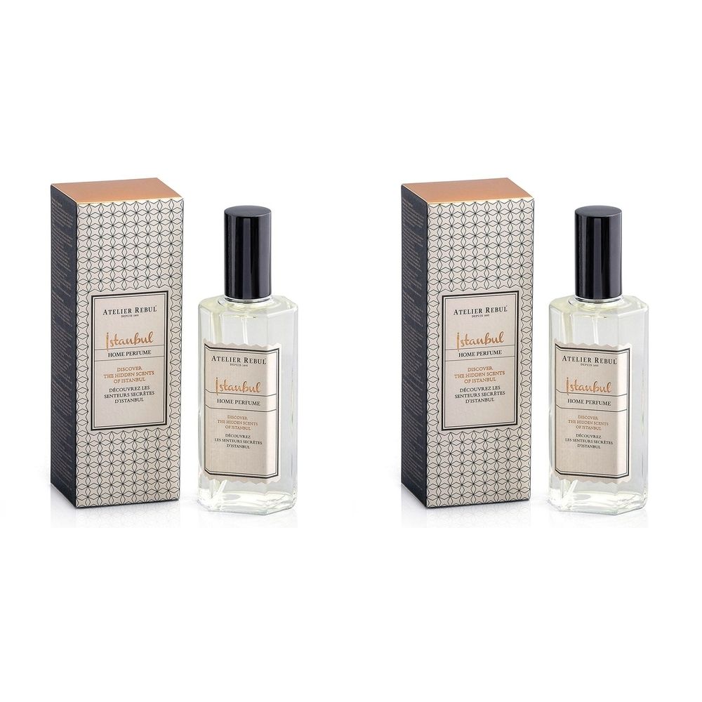 Deux flacons avec bouchon noir et emballage rectangulaire. Inscription : ATELIER REBUL Istanbul Home Parfum.
