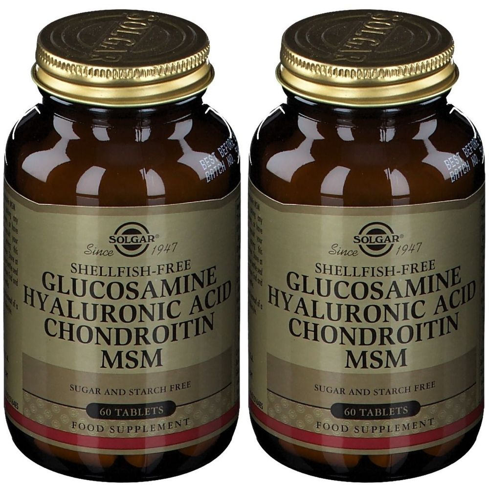 Deux flacons de complément alimentaire Solgar. Inscription : Glucosamine, Acide Hyaluronique, Chondroïtine, MSM. 60 comprimés. Flacons en verre brun, couvercle doré.