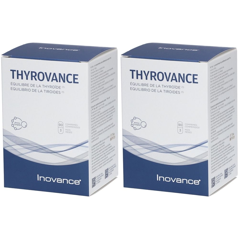 Deux boîtes de THYROVANCE. Inovance est visible. Texte: ÉQUILIBRE DE LA THYROÏDE, EQUILIBRIO DE LA TIROIDES.