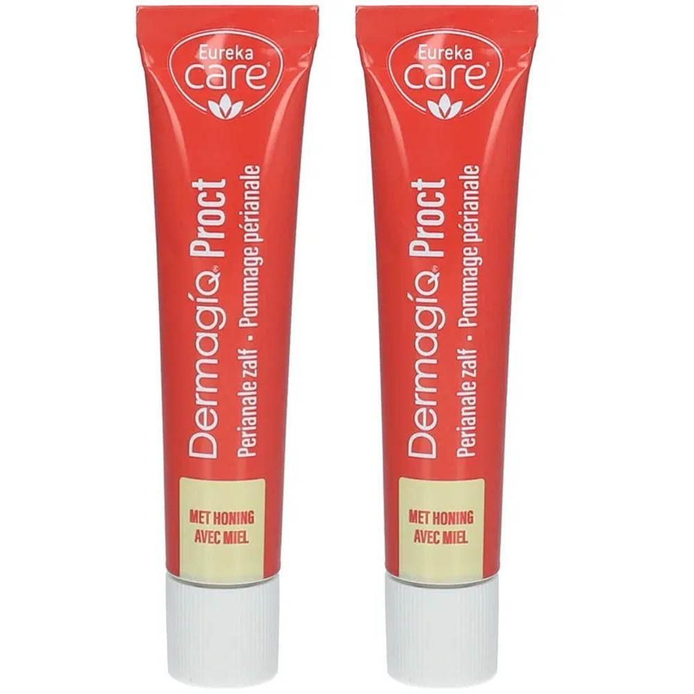 Zwei Tuben DermagíQ Proct Perianalsalbe. Rote Tuben mit weißem Verschluss. Aufschrift: Eureka Care, Honig.