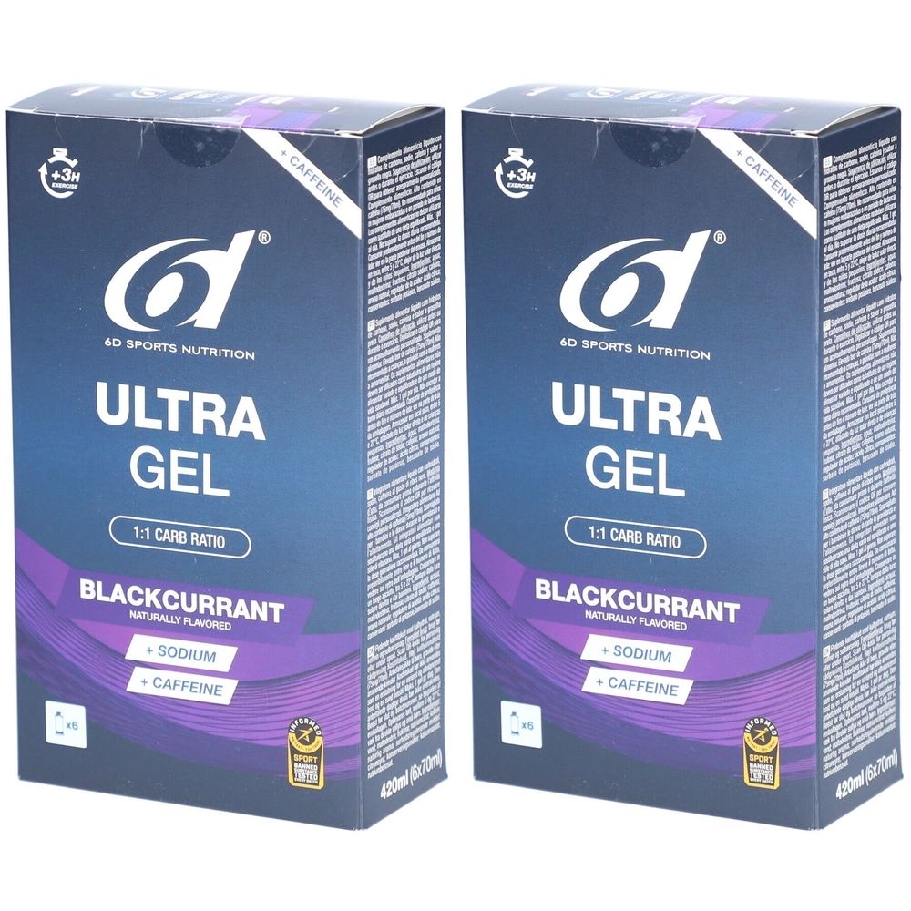 Twee dozen 6D Ultra Gel. Opschrift: Ultra Gel, Zwarte bes, cafeïne, natrium. Verpakking met logo.