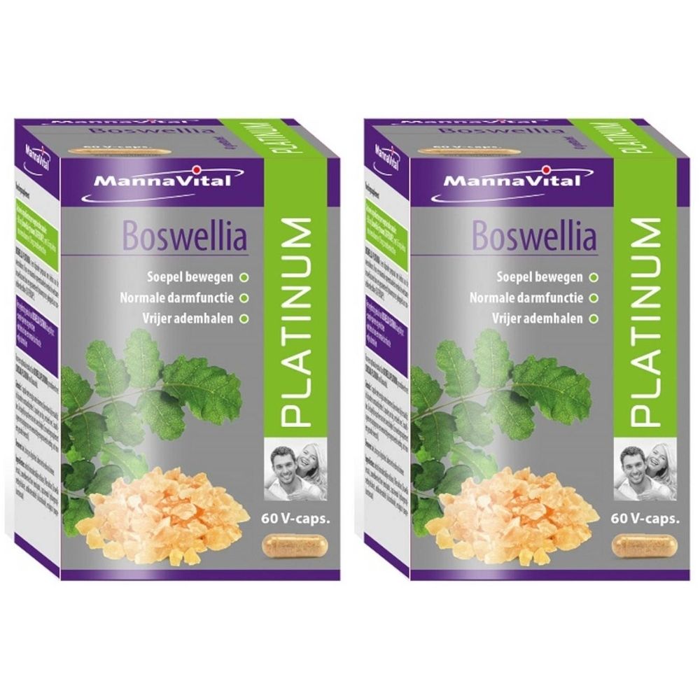Deux boîtes de MannaVital Boswellia Platinum. Inscription : Boswellia, Platinum, 60 V-caps. Image de feuilles et de gélules.