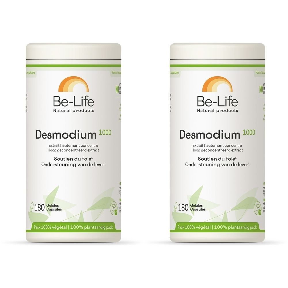 Twee witte potten met groene en oranje accenten. Opschrift: Be-Life, Desmodium 1000, 180 capsules. Tekst in het Frans en Nederlands.