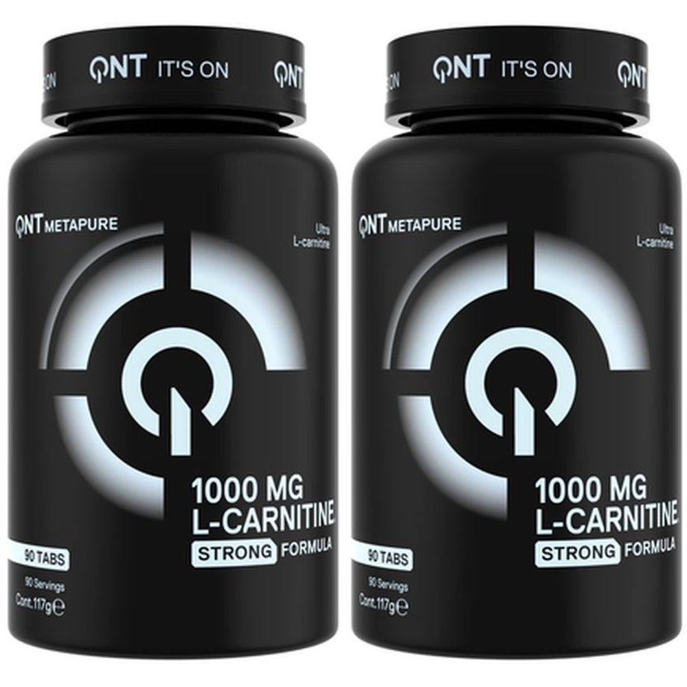 Twee zwarte flessen met QNT-label. Opschrift: 1000 MG L-Carnitine, Strong Formula. Doppen met QNT-logo. 90 tabletten.