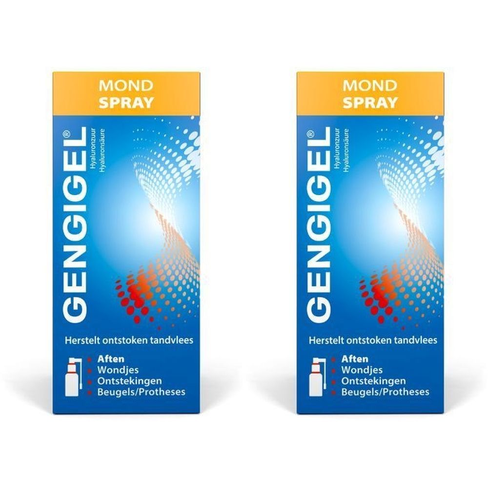 Twee dozen Gengigel Mondspray. Blauwe en oranje verpakking met productnaam en tekst.